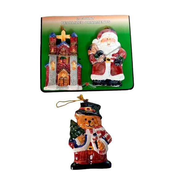 Vintage Christmas Ornaments Church Santa Teddy Bear Retro Tree Decor Set of 3 - Picture 1 of 14